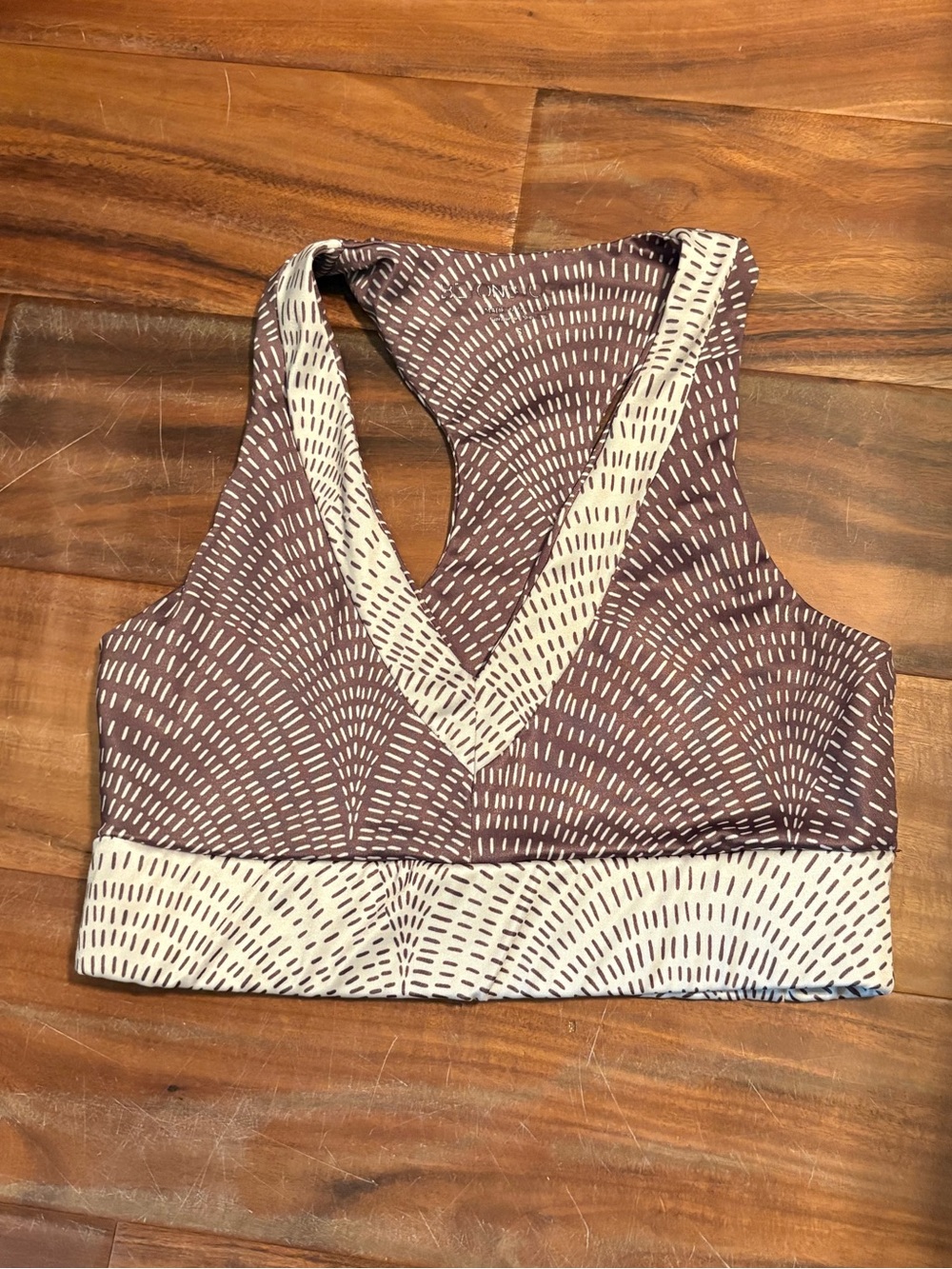 Beyond Yoga Sports Bra Brown Cream Print V Neck Longline Yoga Bra (1287)